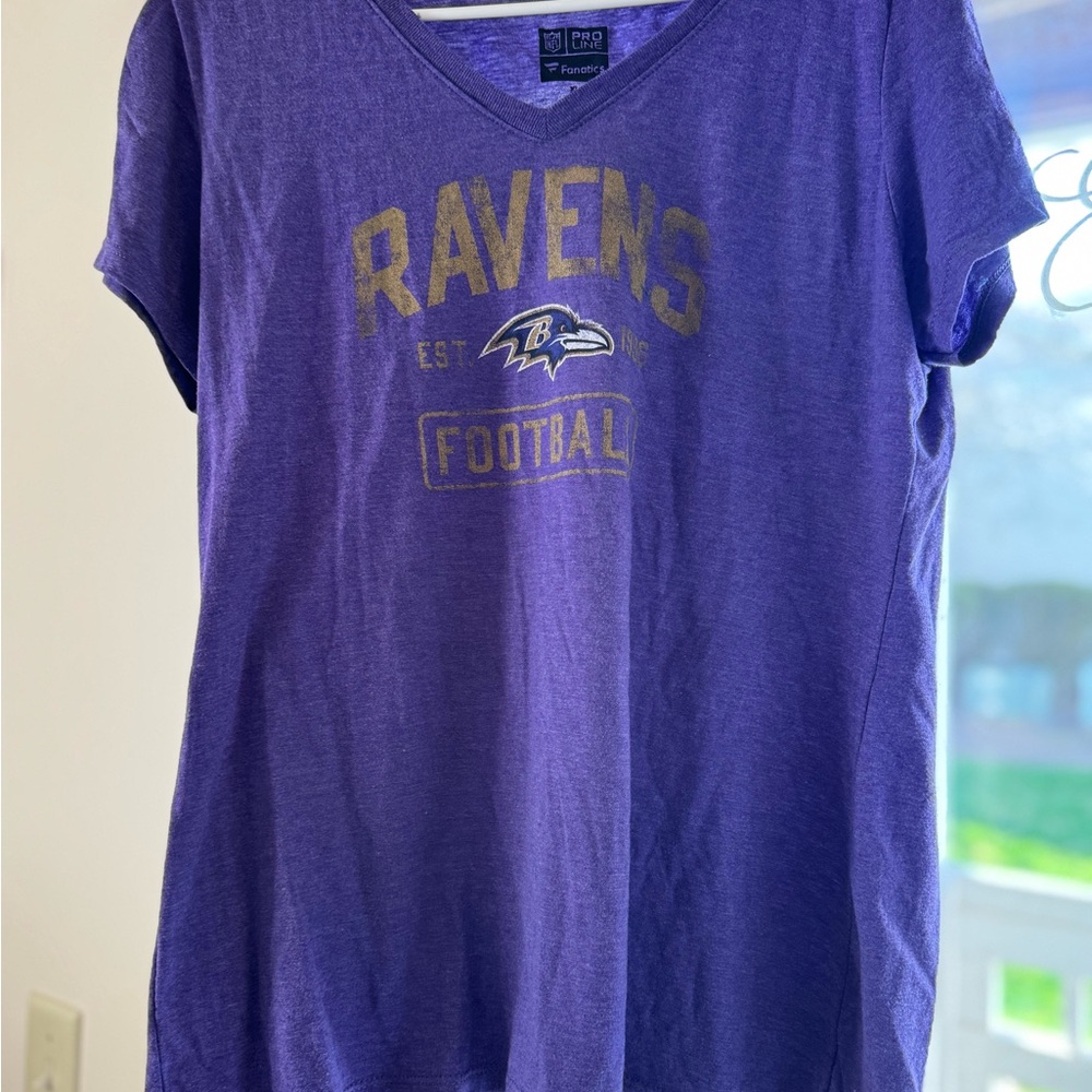 Fanatics Purple Baltimore Ravens V-Neck Short Sleeve Tee with Gold Print